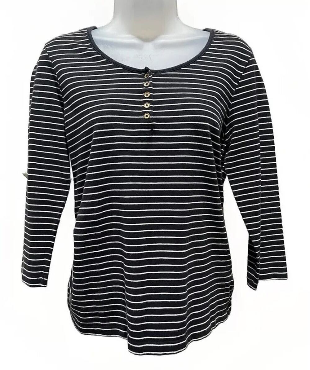 CHARTER CLUB Knit Long Sleeve Rib Henley Top Black P/S